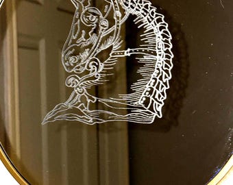 Hand-Engraved Knight Chess Piece Mirror | Gothic Black Iridescent Wall Decor