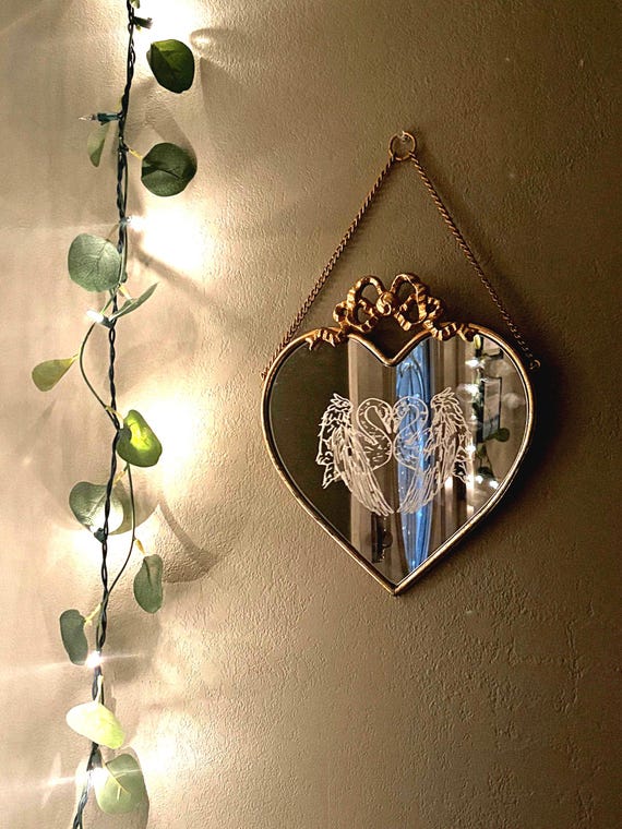 Hand Etched Swan Heart Mirror, Vintage Gold Frame, Gothic Romantic Wall Decor