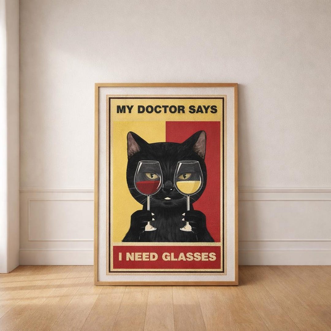 Funny Black Cat Wine Poster – I Need Glasses Retro Wall Art Gift - Etsy