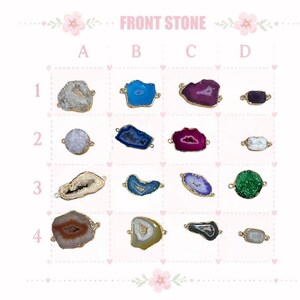 May include: A selection of gemstone pendants with gold-coloured metal edges. The pendants are in various shapes and colours, including blue, purple, green, and white. The text "FRONT STONE" is at the top of the image.