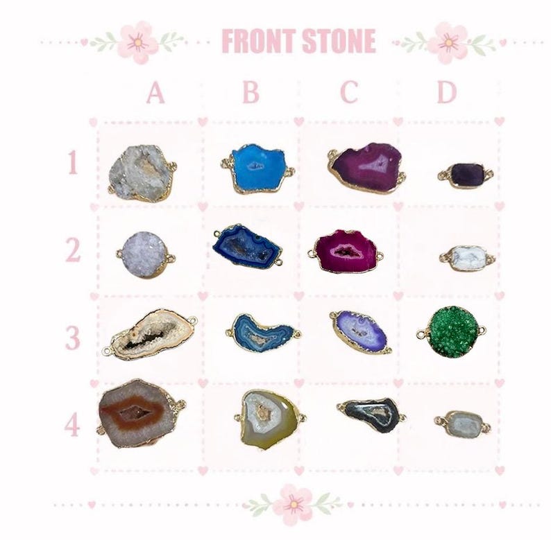 May include: A selection of gemstone pendants with gold-coloured metal edges. The pendants are in various shapes and colours, including blue, purple, green, and white. The text "FRONT STONE" is at the top of the image.
