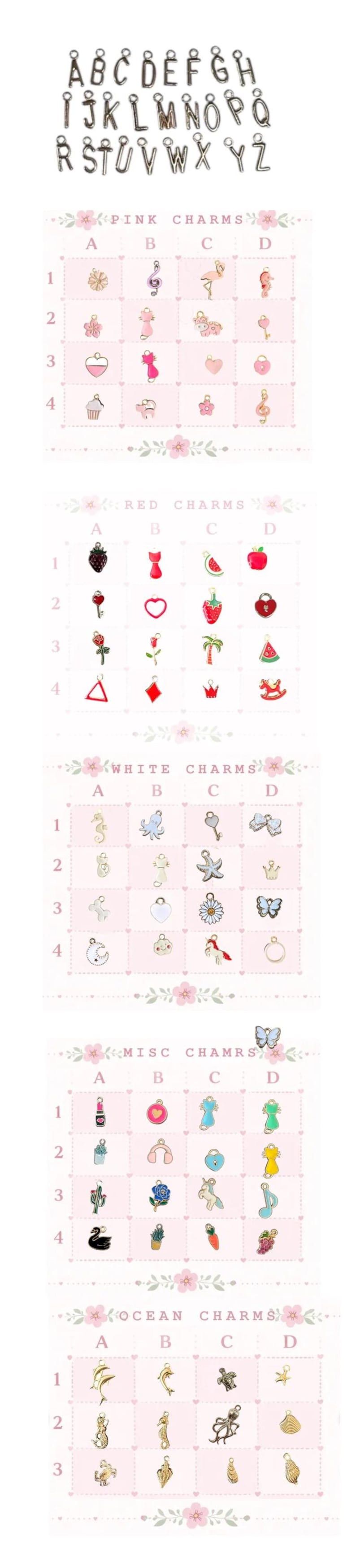 May include: A selection of silver alphabet charms and themed charms, including pink, red, white, miscellaneous, and ocean-themed designs. The charms are displayed on a pink background with floral accents. The charms include letters, hearts, and other shapes.