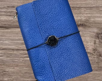 A6 Mini Blue Leather Tri Fold Journal - Black Cords - Refillable Travel Notebook - Gift for Journalers