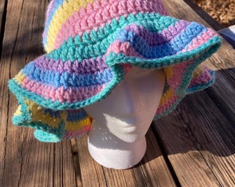 Pastel Crochet Ruffle Bucket Hat