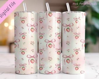 Strawberry Bow Tumbler Wrap 20oz | Coquette Strawberry Pattern | Pink Bows Aesthetic | Seamless Skinny Tumbler PNG | Digital Download