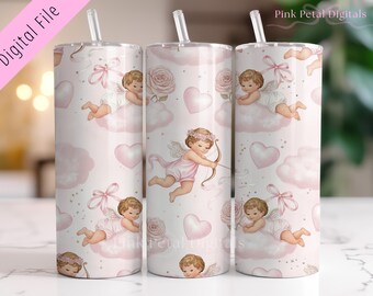 Coquette Cupid Angels, bezszwowa, cienka, 20-uncjowa folia do pakowania na kubek, różowa, walentynkowa folia do sublimacji z motywem serc i chmur. CYFROWA