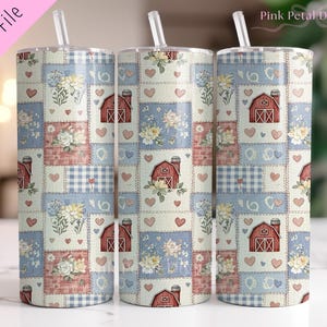 Farmhouse Quiltcore 20oz Tumbler Wrap | Patchwork Barn Floral Seamless Design | Rustic Cottagecore Sublimation PNG | Digital Download