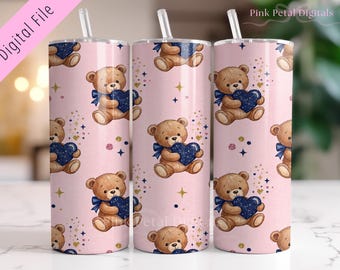 Valentine Teddy Bear 20oz Tumbler Wrap, Seamless Skinny Tumbler Design, Digital Download