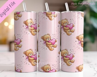 Cute Teddy Bear Tumbler Wrap 20oz | Pink Heart Bear Skinny Seamless Wrap | Girly Valentine Tumbler Design | Digital Download