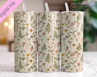 Wildflower Botanical Tumbler Wrap 20oz | Seamless Floral Skinny Tumbler Design | Neutral Cottagecore Floral Wrap | Digital Download