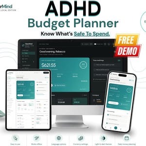 Puede incluir: Un planificador de presupuesto digital para TDAH mostrado en un monitor de escritorio, tableta y teléfono inteligente. La interfaz presenta un tema oscuro con acentos en color verde azulado, datos financieros y el texto "ADHD Budget Planner".