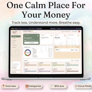 May include: A laptop screen displaying a financial tracking dashboard with the text One Calm Place For Your Money and Track less. Understand more. Breathe easy. The interface features a spending overview, category cards, and a colorful donut chart.