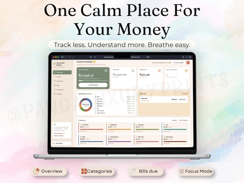 May include: A laptop screen displaying a financial tracking dashboard with the text One Calm Place For Your Money and Track less. Understand more. Breathe easy. The interface features a spending overview, category cards, and a colorful donut chart.
