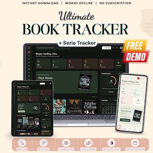 Puede incluir: Una interfaz digital de seguimiento de libros y series mostrada en una computadora portátil, tableta y teléfono inteligente. La pantalla muestra objetivos de lectura, portadas de libros y calendarios. Texto: Ultimate BOOK TRACKER, + Serie Tracker, FREE DEMO.
