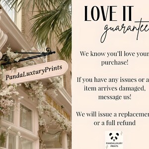 May include: A storefront sign for PandaLuxuryPrints, with the text "LOVE IT guarantee" and a guarantee of replacement or refund. The sign is surrounded by white flowers and greenery, with a building facade in the background.