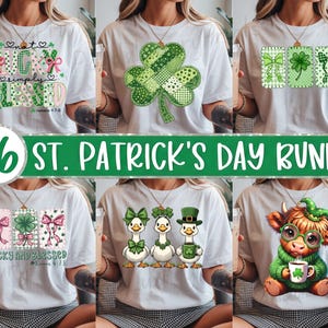 Puede incluir: Camisetas blancas con diseños del Día de San Patricio. Los diseños incluyen tréboles, lazos y personajes de dibujos animados. El texto "06 ST. PATRICK'S DAY BUNDLE" se muestra en verde y blanco.