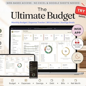 May include: A web-based budget tracker application displayed on a laptop, tablet, and smartphone. The interface features financial dashboards with charts, expense tracking, bill calendars, and savings goals. Text includes The Ultimate Budget.