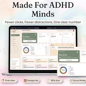 May include: A laptop screen displaying a digital budget planner interface with the text Made For ADHD Minds and Fewer clicks. Fewer distractions. One clear number. The dashboard features green and beige panels, a spending overview pie chart, and categories.
