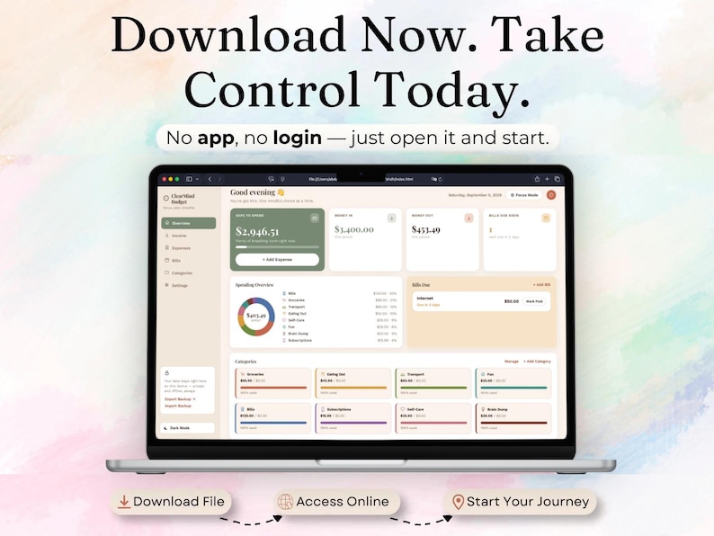 May include: A laptop screen displaying a digital budget dashboard with the text Download Now. Take Control Today. No app, no login &mdash; just open it and start. The interface features financial data, a spending chart, and category boxes.