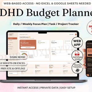 May include: An ADHD Budget Planner displayed on a laptop screen and a smartphone, featuring a web-based interface with daily and weekly focus plans, task and project trackers, and a dark mode option. The dashboard shows financial data.