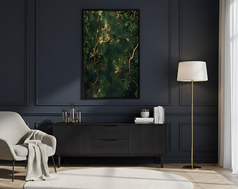 Dunkle botanische Wandkunst | Grün und Gold Natur Dekor | Stimmungsvolles Wald Statement Kunstwerk | Das Grüne Geheimnis