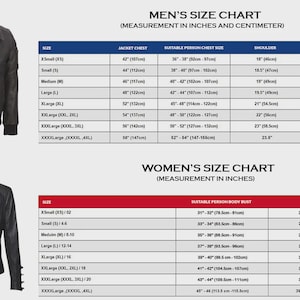 Puede incluir: Una chaqueta de cuero y una chaqueta negra se muestran con tablas de tallas para hombres y mujeres. La tabla de hombres utiliza pulgadas y cent&iacute;metros. La tabla de mujeres muestra medidas de busto y cintura.