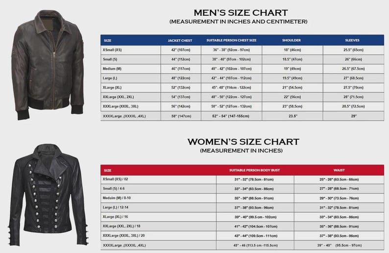 Puede incluir: Una chaqueta de cuero y una chaqueta negra se muestran con tablas de tallas para hombres y mujeres. La tabla de hombres utiliza pulgadas y cent&iacute;metros. La tabla de mujeres muestra medidas de busto y cintura.