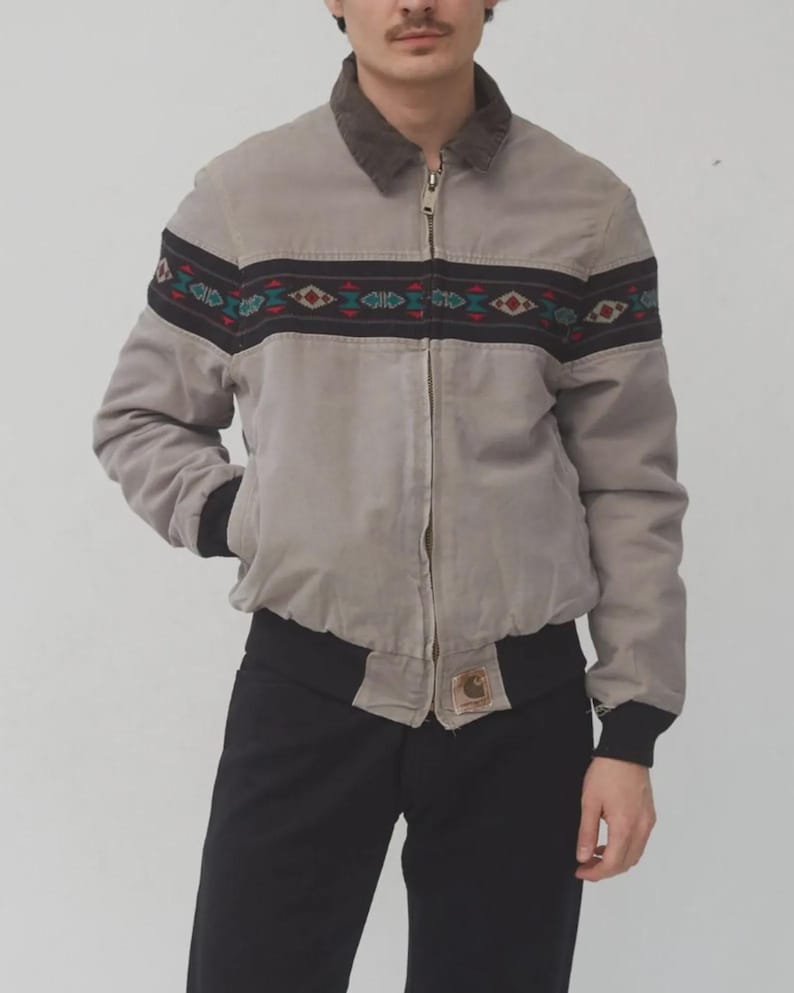 Chaqueta Carhartt Southwestern Aztec: chaqueta de lona gris con cremallera y rayas tribales imagen 1