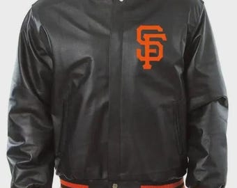 Chaqueta universitaria de cuero negra de los Gigantes de San Francisco, estilo bomber con letras de la MLB