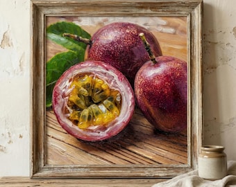 Passionsfrukt oljemålning stil, tropisk köksväggkonst, digitaltryck utskrivbar matillustration