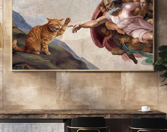 Funny Wall Art, Michelangelo Creation of Adam Parody, Cat Touching God's Hand, Renaissance Style Digital Print, Humorous Classic Art Decor