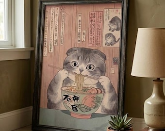 Printable Ramen Cat Wall Art, Japanese Kitchen Digital Download, Funny Noodle Cat Print, Instant Download Art