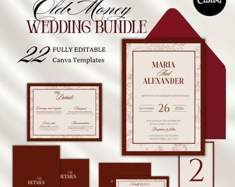 Burgundy Floral Wedding Invitation Bundle, Elegant Canva Template (Digital Download)