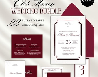 Burgundy Wedding Invitation Suite, Elegant Minimalist Stationery (Canva Editable, Digital Download)