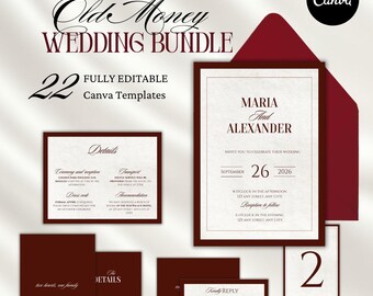 Burgundy Wedding Invitation Bundle, Elegant Serif Canva Template (Digital Download