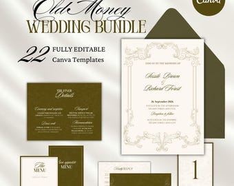 Vintage Baroque Wedding Invitation Suite, Cream & Olive Green, Canva Template (Digital Download)