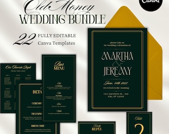 Emerald Green Wedding Invitation Bundle, Art Deco Gold, Editable Canva Template (Digital Download)