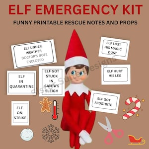Puede incluir: Gráfico de un "Kit de emergencia para elfos" con un muñeco elfo rojo y blanco, notas de rescate y accesorios. El kit incluye notas como "El elfo tiene congelación" y "El elfo se lastimó la pierna", junto con un bastón de caramelo, tijeras y un trineo.