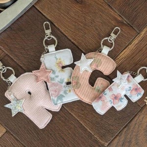 May include: Four fabric letter keyrings spelling "REC", each with a star charm. The letters are in shades of pink and white, with floral patterns. The keyrings are on a wooden surface.