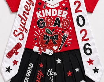 Custom Kid Graduation Outfit 2026, Personalized Kindergarten Grad Outfit, Graduation Shirt Skirt and Stole Set, Custom Pre K Grad Outfit