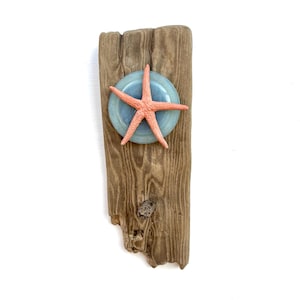 May include: A piece of weathered driftwood with a light blue glass circle and a coral-colored starfish attached. The wood has a natural, aged appearance with visible grain and knots, creating a rustic coastal theme.