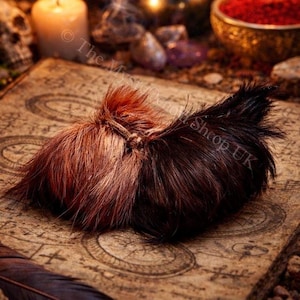 Può includere: Due sacchetti di pelliccia, uno rosso-marrone e l'altro marrone scuro, sono legati insieme con dello spago. I sacchetti poggiano su una carta in stile vintage con disegni circolari e a forma di croce. Lo sfondo include una candela accesa e una ciotola di polvere rossa.