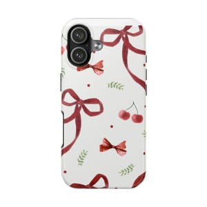 Cherry Bow Pattern phone case | Cute red bow cherries, floral accents