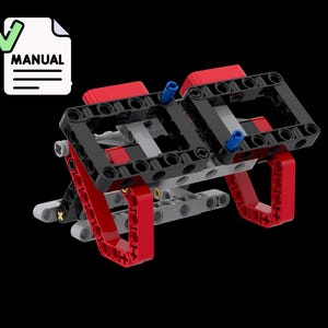 May include: A complex construction of black, red, gray, and blue plastic building blocks. The structure has a rectangular shape with multiple layers and connecting pieces. The word "MANUAL" is printed on a white document icon with a green checkmark.