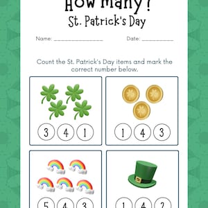 May include: A St. Patrick's Day themed worksheet with the title "How many?" and the text "St. Patrick's Day". The worksheet includes counting exercises with clovers, coins, rainbows, and leprechaun hats.
