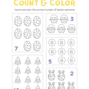 May include: A printable Easter-themed worksheet with the title "Count & Color" in yellow. The worksheet features illustrations of Easter eggs, baskets, cookies, bells, and bunnies, with numbers indicating the quantity to be counted and colored.