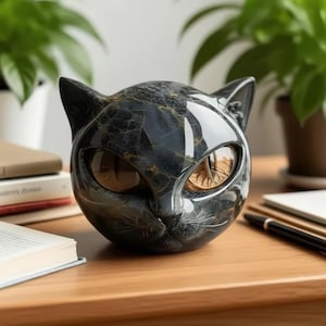 Puede incluir: Una escultura de gato negro con vetas doradas y ojos reflectantes. La figura del gato está sobre una superficie de madera, con libros y plantas en el fondo. Los ojos del gato reflejan el entorno.