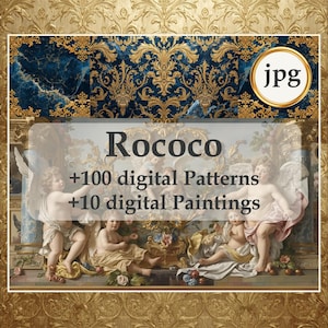 Könnte beinhalten: Digitale Kunstsammlung "Rokoko" mit über 100 Mustern und 10 Gemälden. Das Bild zeigt cherubische Figuren und verzierte goldene und blaue dekorative Elemente, mit dem Text "jpg" in einem Kreis.