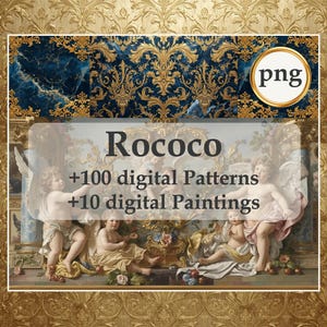 Könnte beinhalten: Digitales Kunstwerk im Rokoko-Stil mit Engeln, floralen Mustern und goldenen Verzierungen. Der Text "Rococo +100 digitale Muster +10 digitale Gemälde" ist enthalten, sowie ein "png" Logo.