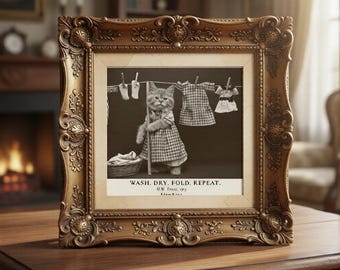 Funny Victorian Cat Print, Wash Dry Fold Repeat Meme Art | Laundry Room Restored Sepia 1915 Wall Decor | EdemWeiss Meme Cats